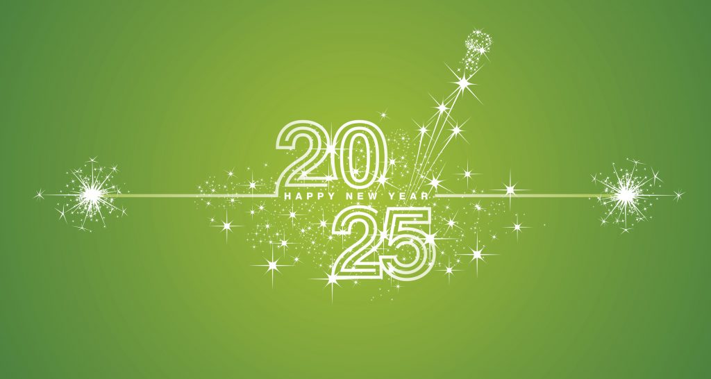 Happy New Year 2025 eve white triple line design loading sparkle firework. 2025 with opened champagne cork, white lucky green vector wallpaper greeting card