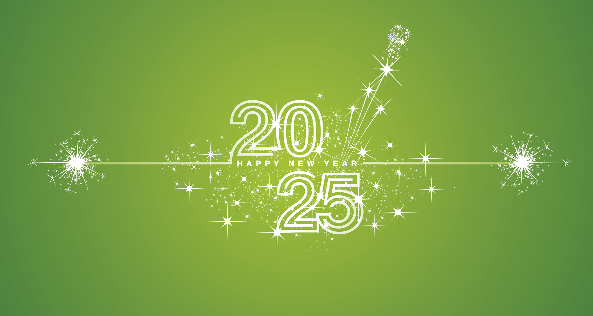 Happy New Year 2025 eve white triple line design loading sparkle firework. 2025 with opened champagne cork, white lucky green vector wallpaper greeting card