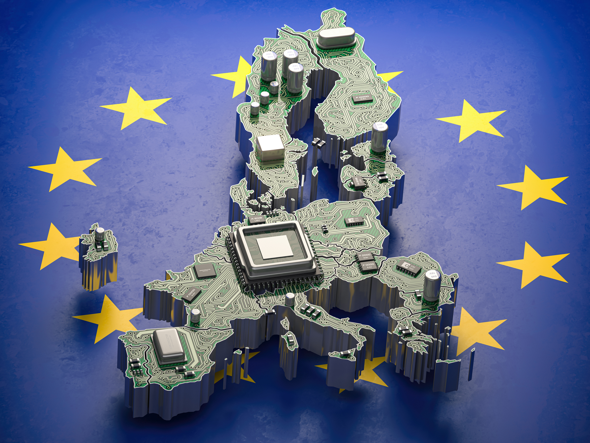 EU semiconductor industry, computer chips manufacturing and artificial intelligenceconcept. Motherboard with CPU processor in form of map of European Union. 3d illustration for an article on 2024 EU design reform